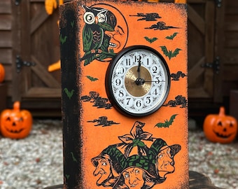 Hand Painted OOAK Vintage Halloween Wooden Retro Mantle Clock