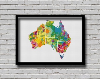 CSM1 Australia Counted Cross Stitch Pattern Watercolor Painting Effect States Chart Travel Map