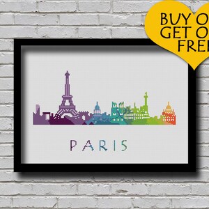 Cross Stitch Pattern Paris France Europe City Silhouette Watercolor Effect Decor Embroidery Rainbow Color Skyline xstitch Diy Chart