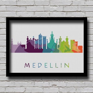 CS158 Medellin Cross Stitch Pattern Colombia City Silhouette Watercolor Effect Decor Latin America Cities Skyline Art xstitch Diy Chart