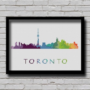 Cross Stitch Pattern Toronto Ontario Canada Capital City Silhouette Watercolor Effect Decor Rainbow Color Skyline xstitch DIY E Pattern image 1