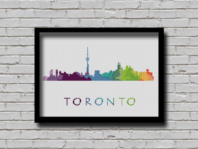 Cross Stitch Pattern Toronto Ontario Canada Capital City Silhouette Watercolor Effect Decor Rainbow Color Skyline xstitch DIY E Pattern image 1