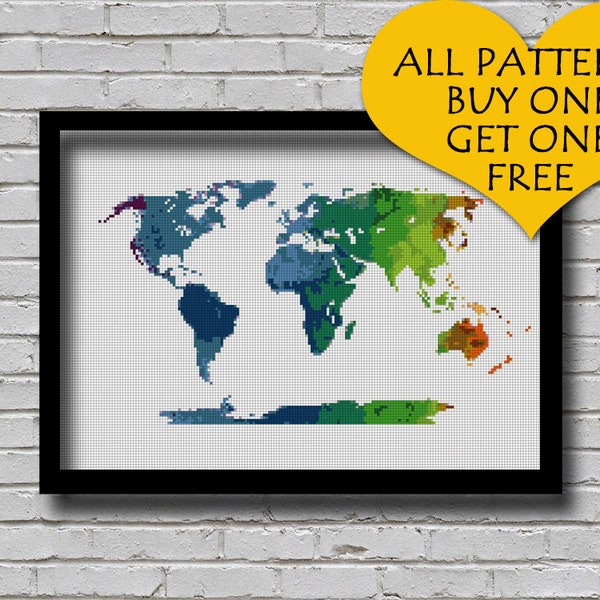 Cross Stitch Pattern World Map Silhouette Watercolor Effect Decor Embroidery Rainbow Color World Map Poster xstitch Diy Printable Chart