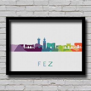 CS235 Kreuzstichmuster Fes Marokko Afrika Silhouette Aquarell Effekt Dekor Modern Ornament Großstadt Skyline Xstitch Hauptstadtmuster