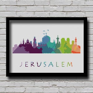CS82 Jerusalem Cross Stitch Pattern Silhouette Watercolor Painting Effect Middle East Cities Modern Design City Skyline Xstitch