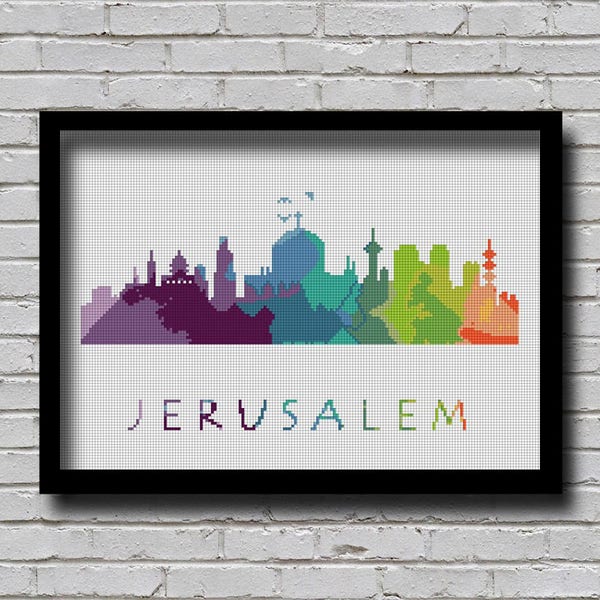 Cross Stitch Pattern Jerusalem Silhouette Watercolor Painting Effect Middle East Cities Modern Design City Skyline Xstitch