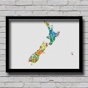 CSM7 NZ Kreuzstichmuster Neuseeland Karte Aquarell Malerei Effekt Staaten Reisekarte Land Xstitch Kontinent Muster