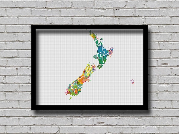 CSM7 NZ Counted Cross Stitch Pattern New Zealand Map Watercolor Painting Effect States Travel Map Country Xstitch Continent Pattern