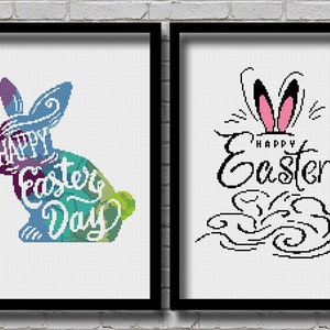 Easter Day Cross Stitch Pattern Set of 2 for Easter Rabbit PDF Pattern Cross Stitch Happy Easter Day Spring Bunny Pattern Gift Chart