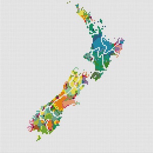 May include: A colorful map of New Zealand with different shades of green, blue, yellow, and orange representing different regions.