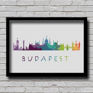 CS22 Budapest Cross Stitch Pattern Hungary Europe City Silhouette Watercolor Painting Effect Decor Embroidery Rainbow Color Skyline xstitch