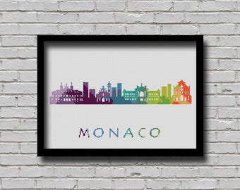 Cross Stitch Pattern Monaco Europe City Silhouette Watercolor Effect Decor Modern Embroidery Rainbow Color Skyline xstitch Diy Chart