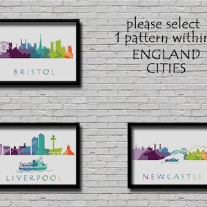Puede incluir: Tres impresiones enmarcadas de horizontes de ciudades con siluetas coloridas. Las impresiones están etiquetadas como "Bristol", "Liverpool" y "Newcastle".