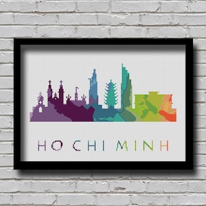CS88 Ho Chi Minh Cross Stitch Pattern Vietnam City Silhouette Rainbow Watercolor Painting Effect Modern Decor City Skyline Xstitch
