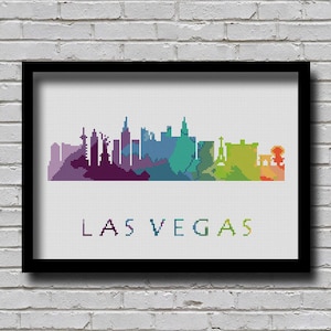 CS72 Las Vegas, point de croix, Nevada, ville, silhouette, effet aquarelle, décoration, moderne, ligne, horizon, art, xstitch, diy, chart