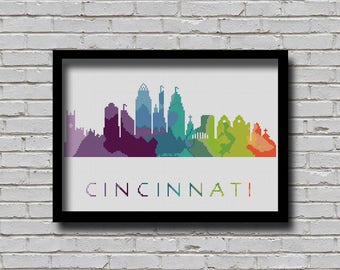 Cross Stitch Pattern Cincinnati Ohio Silhouette Watercolor Effect Decor Embroidery Modern Ornament Usa City Skyline xstitch Diy Chart