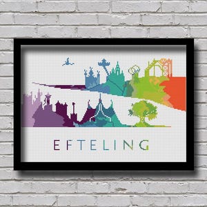 May include: A colorful cross-stitch pattern of the Efteling theme park in the Netherlands. The design features iconic buildings and attractions, including the fairytale castle, the flying ship, and the enchanted forest.