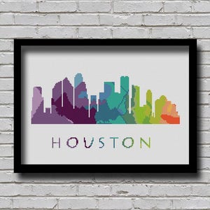 CS16 Houston Cross Stitch Pattern Texas Silhouette Watercolor Painting Effect Decor Embroidery Modern Ornament Usa City Skyline Xstitch