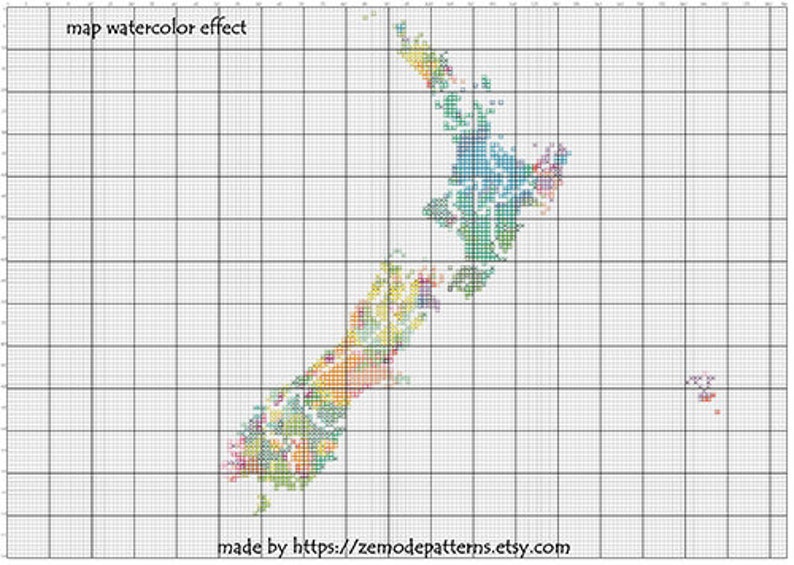 May include: A watercolor effect cross stitch pattern of New Zealand. The pattern is on a white grid with colorful squares representing the different regions of the country. The text "map watercolor effect" is at the top of the image and "made by https://zemodepatterns.etsy.com" is at the bottom.