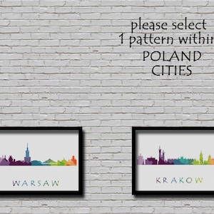 Custom Cross Stitch Pattern CS56 Warsaw, CS90 Krakow Poland Central Europe City Silhouette Watercolor Decor Skyline xstitch