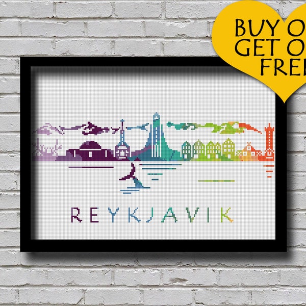 Cross Stitch Pattern Reykjavik Iceland Europe City Silhouette Watercolor Effect Painting Decor Embroidery Rainbow Color Skyline xstitch