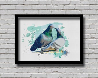 Cross Stitch Pattern Pigeon Couple Watercolor Effect Bird Animal Inspired Nature Lover Gift  Male Female Pigeon Birds E Pattern