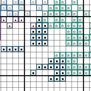 May include: Cross stitch pattern with a variety of shapes and colors, including blue, green, purple, and black. The pattern features stars, squares, and triangles.