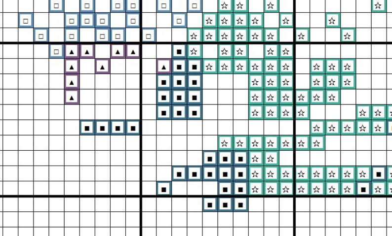 May include: Cross stitch pattern with a variety of shapes and colors, including blue, green, purple, and black. The pattern features stars, squares, and triangles.