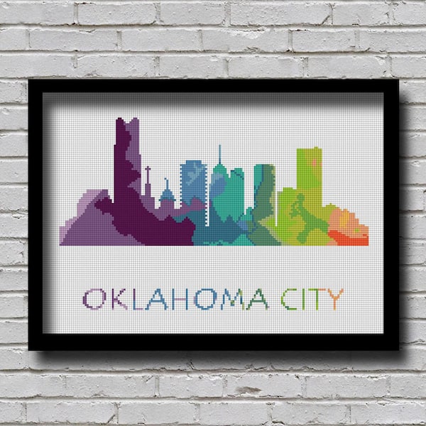 Motif au point de croix Silhouette d'Oklahoma City effet aquarelle déco broderie ornement moderne Etats-Unis ville art xstitch tableau de bricolage