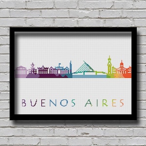 Op de afbeelding: Een kleurrijke pixel art-illustratie van de skyline van Buenos Aires. De skyline toont gebouwen, een brug en een hoge toren. De kleuren zijn levendig en het ontwerp is eenvoudig en modern.