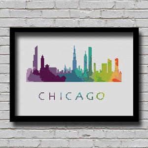 CS15 Chicago Kreuzstichmuster Illinuxilie Silhouette Aquarell Effekt Gemälde Dekor Stickerei Modern Ornament Usa Stadt Skyline Xstitch