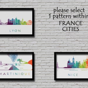 May include: Three colorful city skyline illustrations, each with a different city name below: Lyon, Martinique, and Nice. The text "please select 1 pattern within FRANCE CITIES" is above the images.
