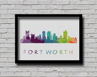 Cross Stitch Pattern Fort Worth Texas City Silhouette Watercolor Painting Effect Modern Embroidery Usa City Skyline Xstitch