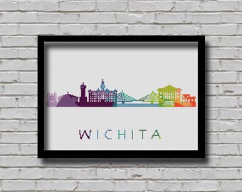 Cross Stitch Pattern Wichita City Kansas Silhouette Watercolor Painting Effect Modern Embroidery Usa City Skyline Xstitch
