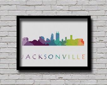 Cross Stitch Pattern Jacksonville Florida City Silhouette Watercolor Effect Decor Modern Embroidery Usa City Skyline Art xstitch Chart