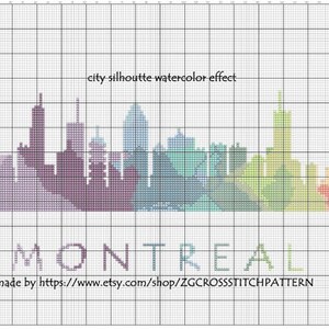 May include: A cross-stitch pattern featuring the Montreal skyline in a watercolor effect. The city silhouette is rendered in shades of purple, blue, green, and orange. The word "MONTREAL" is below the skyline. Text at the top reads "city silhouette watercolor effect".