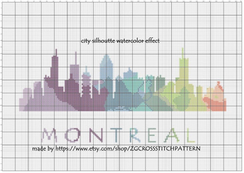 May include: A cross-stitch pattern featuring the Montreal skyline in a watercolor effect. The city silhouette is rendered in shades of purple, blue, green, and orange. The word "MONTREAL" is below the skyline. Text at the top reads "city silhouette watercolor effect".