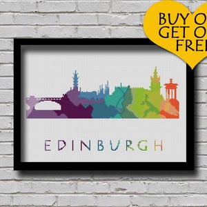 Cross Stitch Pattern Edinburgh Scotland Europe City Silhouette Watercolor Effect Embroidery Rainbow Color Skyline xstitch