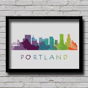 CS44 Portland Cross Stitch Pattern Oregon Silhouette Watercolor Effect Decor Embroidery Modern Ornament Usa City Skyline xstitch Diy Chart