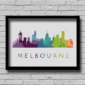 Cross Stitch Pattern Melbourne Victoria Australia City Silhouette Rainbow Watercolor Effect Modern Decor Embroidery City Skyline Xstitch