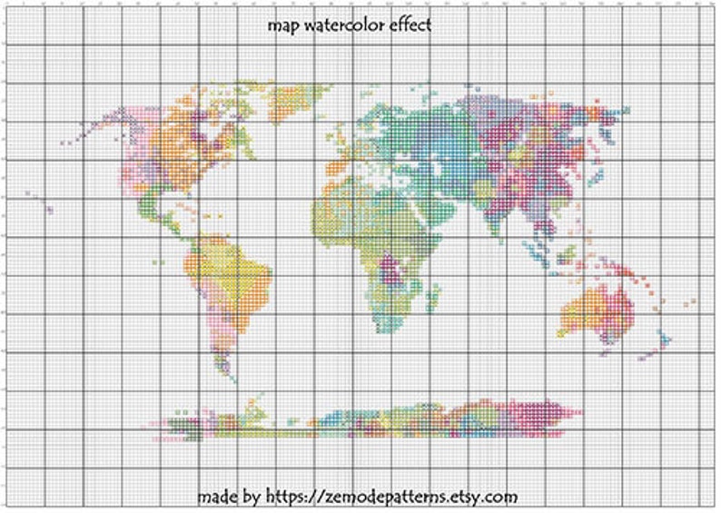 CSM20 World Cross Stitch Pattern World Map Silhouette #2 Watercolor ...