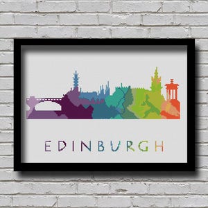 CS86 Edinburgh Cross Stitch Pattern Scotland Europe City Silhouette Watercolor Effect Embroidery Rainbow Color Skyline xstitch