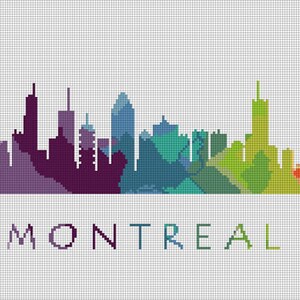 May include: A pixelated skyline of Montreal in a rainbow of colors, from purple to orange. The city's name, "MONTREAL," is written in a matching gradient below the skyline, all on a white grid background.