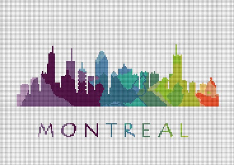 May include: A pixelated skyline of Montreal in a rainbow of colors, from purple to orange. The city's name, "MONTREAL," is written in a matching gradient below the skyline, all on a white grid background.