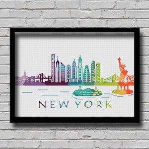 CS2 New York City Cross Stitch Pattern City Silhouette Watercolor Effect Decor Embroidery Modern Ornament NYC Skyline Art xstitch Diy Chart