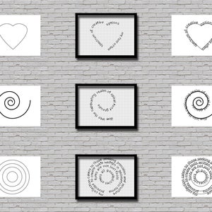 Op de afbeelding: Een set van zes zwart ingelijste prints met witte achtergronden. Elke print toont een andere geometrische vorm, waaronder een hart, een spiraal en een cirkel. De prints zijn in een rasterpatroon op een witte bakstenen muur gerangschikt. De tekst op de prints is in een cirkelvormig patroon gerangschikt en luidt: "Duik in de boeiende wereld van spiraallettertypen. Mijn collectie is bedoeld voor degenen die op zoek zijn naar precisie en structuur. Deze teksten zijn niet alleen hulpmiddelen om alle mogelijkheden te creëren. Mijn collectie is bedoeld voor degenen die op zoek zijn naar precisie en structuur. Deze teksten zijn niet alleen hulpmiddelen om alle mogelijkheden te creëren. Mijn collectie is bedoeld voor degenen die op zoek zijn naar precisie en structuur. Deze teksten zijn niet alleen hulpmiddelen om alle mogelijkheden te creëren. Mijn collectie is bedoeld voor degenen die op zoek zijn naar precisie en structuur. Deze teksten zijn niet alleen hulpmiddelen om alle mogelijkheden te creëren. Mijn collectie is bedoeld voor degenen die op zoek zijn naar precisie en structuur. Deze teksten zijn niet alleen hulpmiddelen om alle mogelijkheden te creëren. Mijn collectie is bedoeld voor degenen die op zoek zijn naar precisie en structuur. Deze teksten zijn niet alleen hulpmiddelen om alle mogelijkheden te creëren."