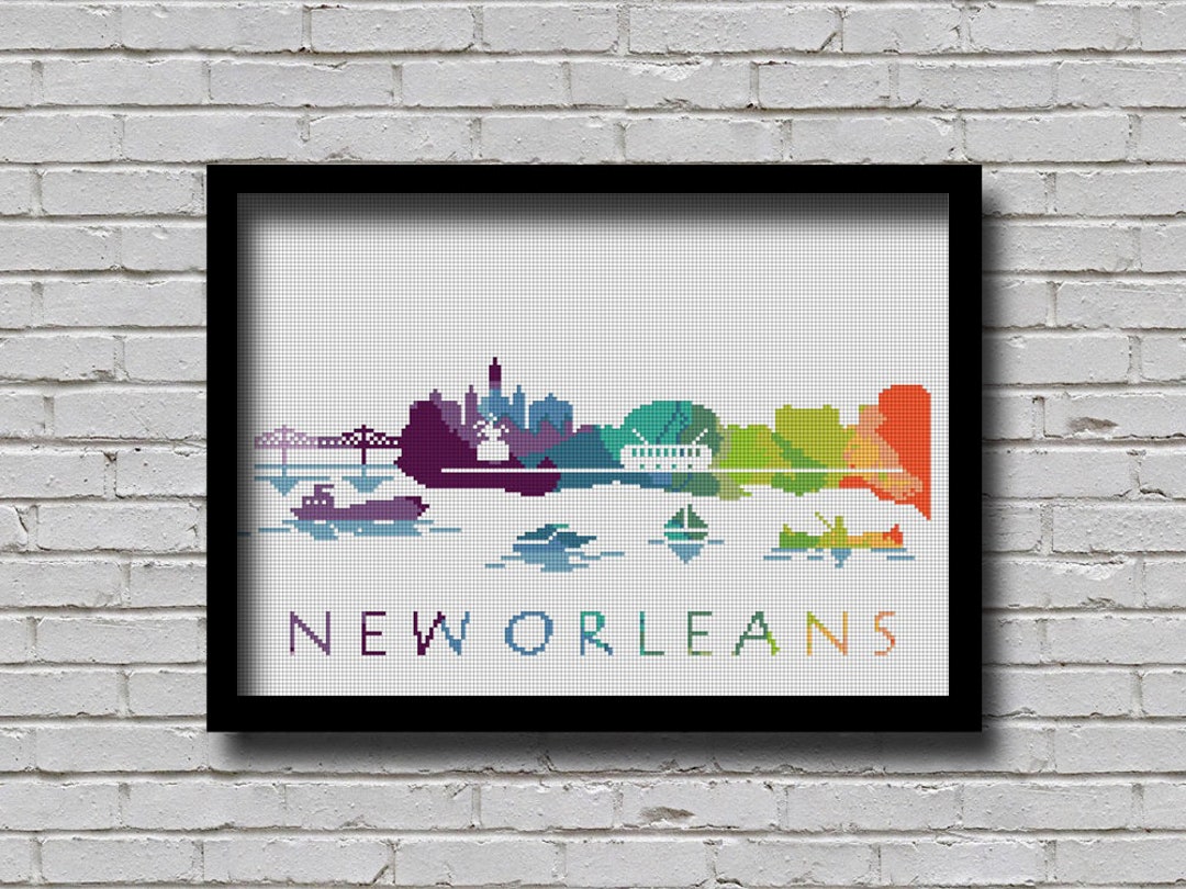 Cross Stitch Pattern New Orleans Louisiana Nola City Silhouette Watercolor Effect Decor