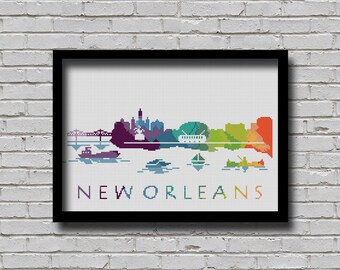 Cross Stitch Pattern New Orleans Louisiana Nola City Silhouette Watercolor Effect Decor Embroidery Modern Ornament USA City Skyline Xstitch