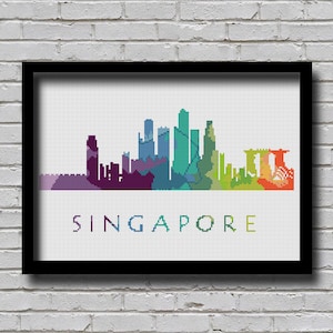 CS40 Singapore Cross Stitch Pattern City Silhouette Rainbow Watercolor Effect Modern Decor Embroidery City Skyline Xstitch E Pattern