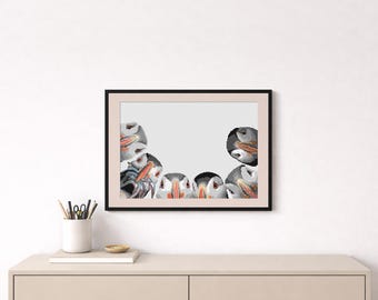 Puede incluir: Una impresión de arte mural horizontal enmarcada que presenta un grupo de seis frailecillos atlánticos con plumas negras, blancas y grises y picos de color naranja brillante. Los frailecillos están dispuestos a lo largo de la base y los lados.
